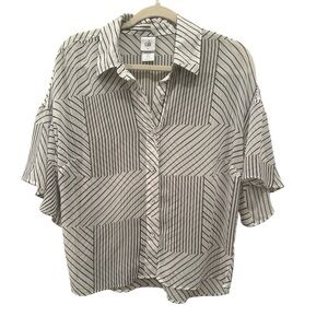 Cabi Parallel Button Down Black & White Striped Artsy Pattern - Sheer-Sz Small